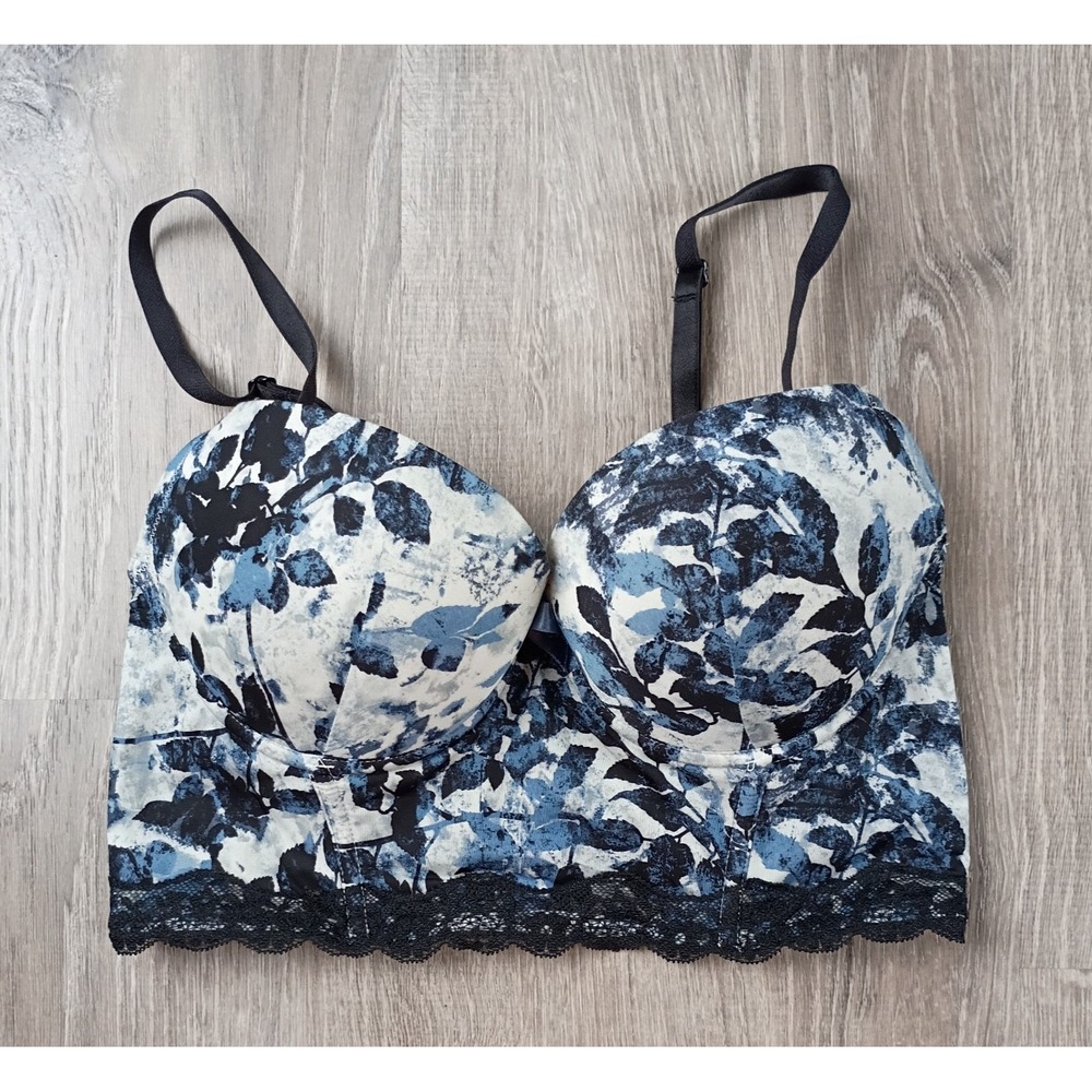 Adore Me Blue Lace Demi Underwire Longline Bra Sz 32D Boned Lined